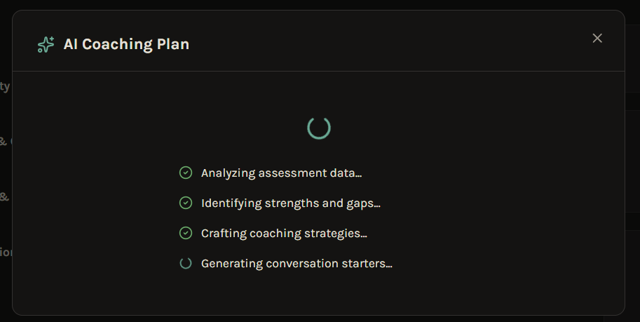 AI Coaching Plan generating strengths, gaps, coaching strategies, and conversation starters