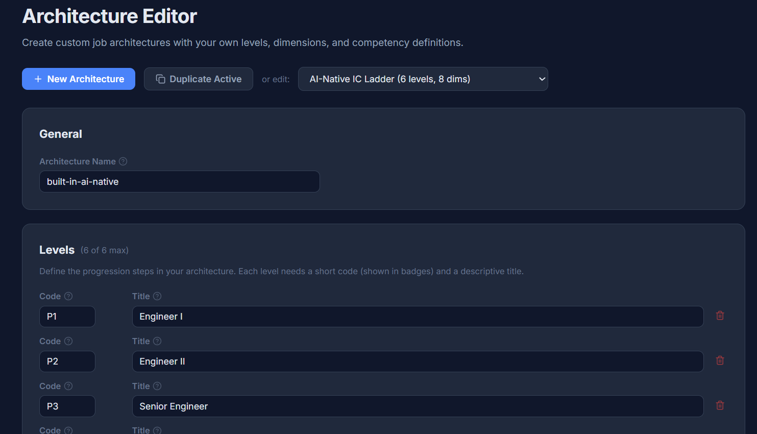Architecture Editor showing level configuration with custom codes, titles, and dimension editing