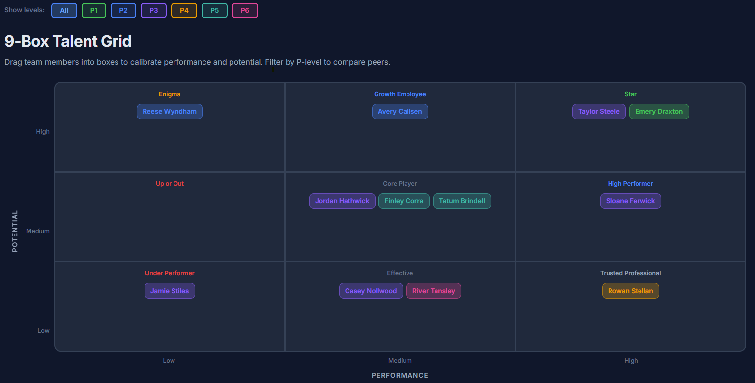 9-box talent grid with team members placed across performance and potential axes, filterable by level